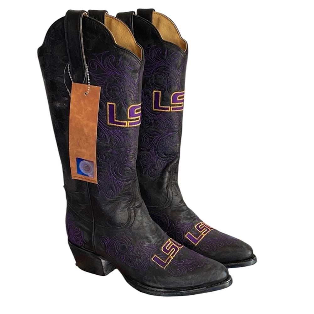LSU Tigers GameDay Cowboy Boots Black Purple Embroidered Leather  Size 6.5 - NWT